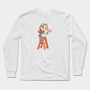 girl on a ladder with a pink paint roller Long Sleeve T-Shirt